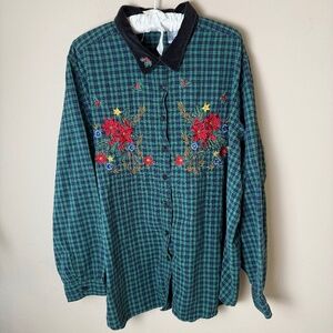 Vintage Embroidered Christmas Button Down Shirt Top Bobbie Brooks Woman 26W 28W